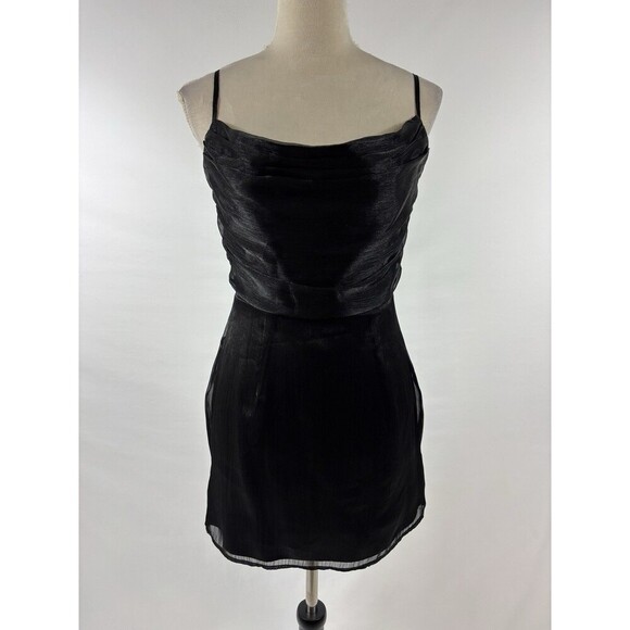 Superdown Lena Mini Dress Black Shiny Medium Adjustable Straps Drape Neck - Picture 3 of 16